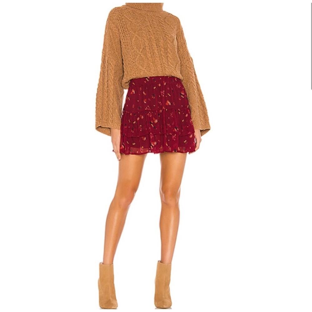 Free People Red Floral From The Valley Tiered Chiffon Mini Skirt Sz Small Boho